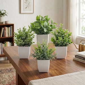 Set of 4 Mini Artificial Potted Plants | Faux Greenery in White Pots | Small Fake Houseplants for Office Desk, Farmhouse & Bathroom Decor