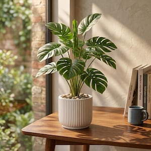 May include: A potted monstera plant with large, deep green, split leaves in a white, vertically ribbed cylindrical ceramic pot filled with small, smooth, light-coloured stones. The plant sits on a wooden surface next to a blue mug and books.