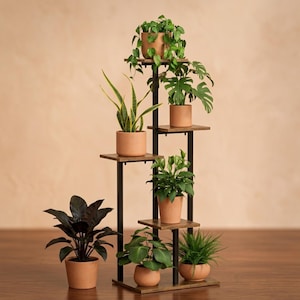 5-Tier Corner Plant Stand | Tall Wood & Metal Indoor Plant Shelf | Rustic Industrial Flower Pot Holder | Space-Saving Multi-Plant Display