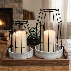 Set of 2 Rustic Farmhouse Wire Lanterns | Modern Table Centerpiece Decor | Distressed Wood Base Candle Holder | Patio & Living Room Styling