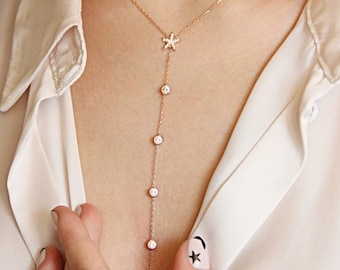 Collar delicado en forma de Y / Collar de regalo para dama de honor / Collar tipo lariat delicado / Collar tipo lariat de oro rosa / Collar sencillo de plata de ley para combinar con otros collares