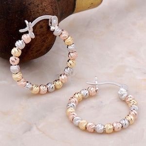 Tri Color Hoop Earrings/Beaded Hoop Earrings/Rose Gold Hoops/Sterling Silver Earrings/Small Hoop Earrings /Hoop Earrings/Tri Color Jewelry