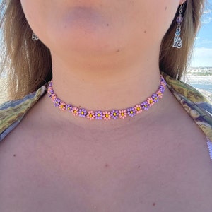 Pink and Purple Flower Czech Bead Choker Necklace v2