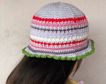 Hecho a mano Ganchillo Multicolor Houndstooth Bucket Hat