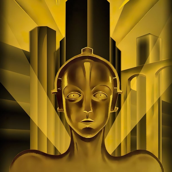 Fritz Lang | Metropolis | Science Fiction | Remastered | Movie | Poster |  | Gold | Yellow | Robot | Classic | Gift For Him | Film | Decor