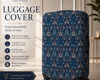 William Morris Midnight Conservatory Luggage Cover, Blue Floral Suitcase Protector, Vintage Botanical Travel Cover, Carry On Luggage Sleeve