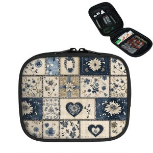 May include: A small, zippered travel case with a patchwork design featuring floral and heart motifs in shades of blue, cream, and brown. The case is open, revealing small compartments and contents.
