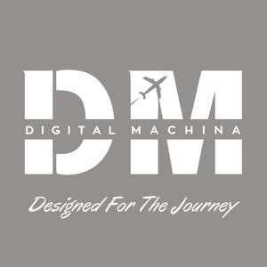 May include: A gray background features the white text "DM" with a stylized airplane graphic. Below, the words "DIGITAL MACHINA" are printed, followed by "Designed For The Journey" in a cursive font.