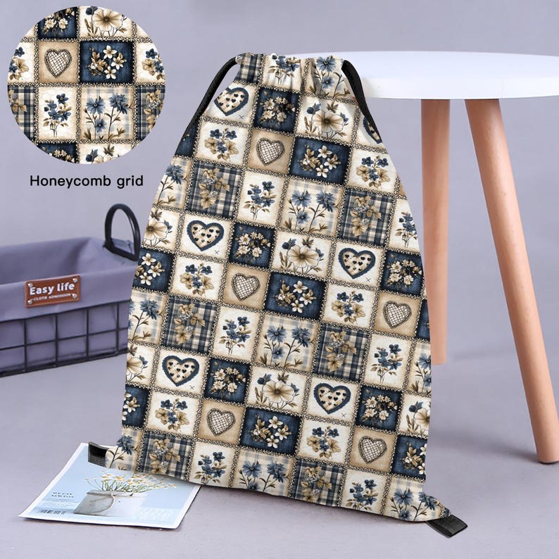 Floral Patchwork Drawstring Backpack, Polyester Travel Bag image 5