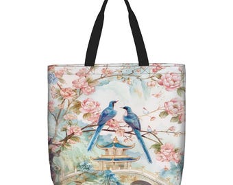 Chinoiserie Bird & Blossom Tote Bag | Elegant Zippered Shopping Bag