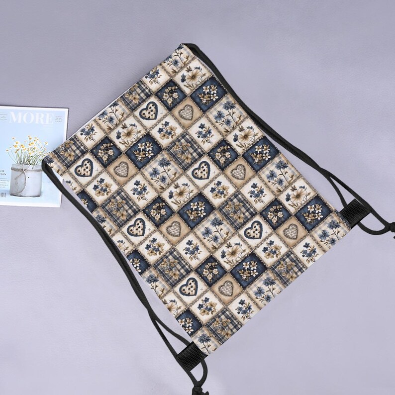 Floral Patchwork Drawstring Backpack, Polyester Travel Bag image 4