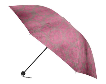Antiker rosa Damast-Regenschirm, faltbarer Anti-UV-Reise-Sonnenschirm