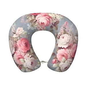 Vintage Pink Rose Travel Neck Pillow, Memory Foam Cottagecore Accessory