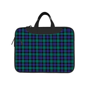 May include: A laptop bag with a black handle and trim. The bag features a plaid pattern in shades of teal, navy blue, and black. It has a zippered pocket on the front and a black zipper. The bag is designed to carry a laptop.