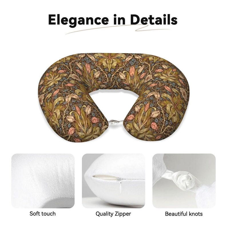 William Morris Neck Pillow | Vintage Floral Travel Pillow | Memory Foam Airplane Pillow | Botanical Cottagecore Travel Accessory image 3