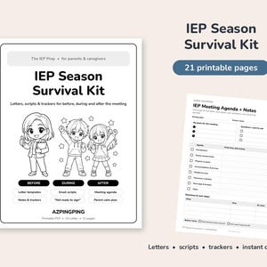 Könnte beinhalten: IEP Season Survival Kit mit 21 druckbaren Seiten. Das Deckblatt zeigt den Titel, Anime-Figuren und Abschnitte für vor, während und nach Meetings. Enthält eine Seite für IEP-Meeting-Agenda und Notizen mit Kontrollkästchen und Linien.