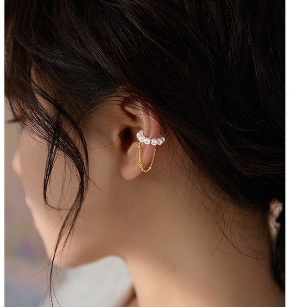 Pearl Ear Cuff Chain Earrings, Non Piercing, Minimalist S925 Ear Wrap