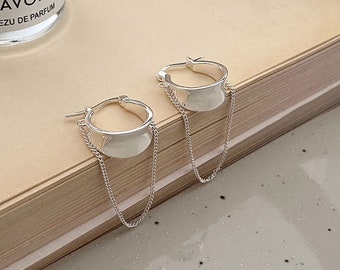 Silver Tassel Chain Hoop Earrings, Minimalist Sterling Silver Hoop Earring
