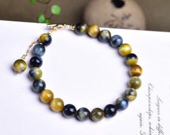 Crystal 8mm Nature Tiger's Eye Stone Bracelet 14k GOLD