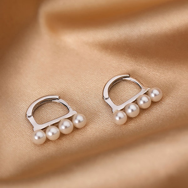 Pearl Huggie Hoop Earrings, Sterling Silver Huggie Earrings, Designed by Lycheestudio