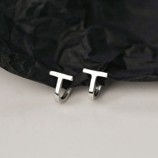 T bar Hoop Earrings, Sterling silver T shape huggies hoop earrings, Man Hoop Earrings, Minimalist Hoops Earrings,