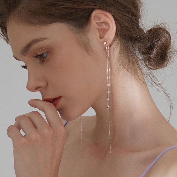 Stunning Sterling Silver Chain Threader Earrings - Long Linear Drop Earrings with a Radiant Shine, Prom Earrings, Wedding earrings