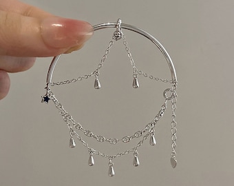 Elegant S925 Silver Chain Bracelet: Handcrafted with Dangling Tassel, Sparkling Water Drop & Star Charms - Luxurious Jewelry Gift for He