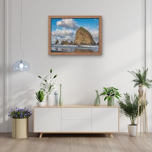 Könnte beinhalten: Ein gerahmtes Landschaftsfoto des Haystack Rock an einem Sandstrand unter blauem Himmel mit weißen Wolken, platziert über einem weißen Holz-Medienboard mit vier Türen, umgeben von verschiedenen grünen Topfpflanzen und einer hängenden Glasleuchte.