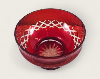 Vintage Badash Crystal Bowl: Ruby Red Cut to Clear Glass, Flared Pedestal Bowl, Bohemian Style Crystal