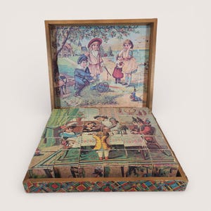Antique Wooden Victorian Lithograph Picture Blocks Set, Antique Wooden Block Puzzle, Collectible Antique