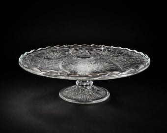 Antique Indiana Glass Pedestal Cake Stand:  Rosette with Pinwheels Pattern, EAPG, Dessert Platter, Cake Plate