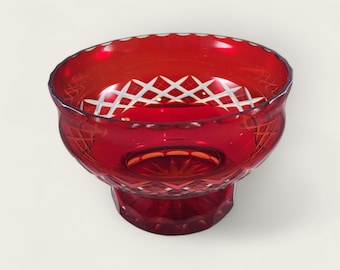 Vintage Badash Crystal Bowl: Ruby Red Cut to Clear Glass, Pedestal Bowl, Bohemian Style Crystal