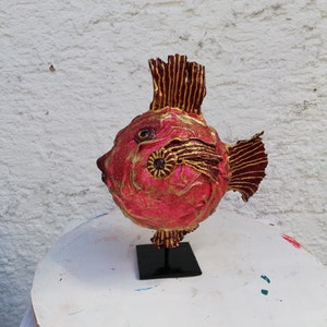 RED PUFFER FISH, synthetic resin/Powertex, H30/W25cm, with stand, unique, handmade, weatherproof, original gift for fish lovers