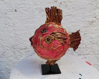 RED PUFFER FISH, synthetic resin/Powertex, H30/W25cm, with stand, unique, handmade, weatherproof, original gift for fish lovers