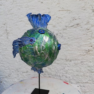 GREEN PUFFER FISH, synthetic resin/Powertex, H30/W30cm, with stand, unique, handmade, weatherproof, original gift for fish lovers