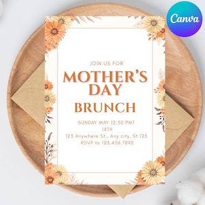 Carte d'invitation pour le brunch fête des mères, modèle modifiable sur toile, carte pivoine personnalisée, invitation au brunch fleurs, téléchargement numérique