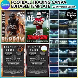 May include: Football trading Canva editable template with two different designs. The template includes player cards with space for names, positions, and highlights. Also included are over 200 free backdrops.
