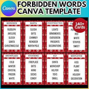 140+ Verbotene Wörter Karten Canva bearbeitbare Vorlage, Weihnachtsfeier Spiel, druckbare Weihnachtsspiele, Weihnachten Canva Trivia, Weihnachten Tabu