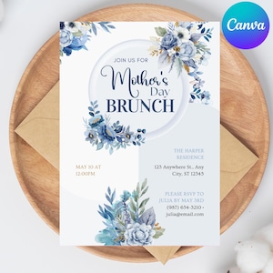 Carte d'invitation pour le brunch fête des mères, modèle modifiable sur toile, carte pivoine personnalisée, invitation au brunch fleurs, téléchargement numérique
