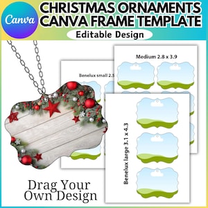 May include: A printable template for Christmas ornaments featuring a woodgrain background with red and white ornaments and greenery. The template includes three different sizes: Benelux small (2.5 inches), Benelux large (3.1 x 4.3 inches), and Medium (2.8 x 3.9 inches).