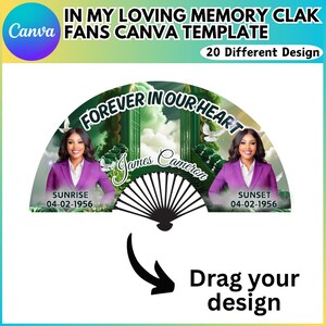 May include: A Canva template for a memorial fan design. The fan features a photo of a woman in a purple blazer, with the text "FOREVER IN OUR HEART" and "James Cameron". The fan also includes the text "SUNRISE 04-02-1956" and "SUNSET 04-02-1956".