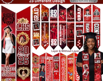 Graduation Stole Red Canva Editable Template, Graduation Stole 2026, Congratulation Canva Template, Fill Your Text in Design,Drag your image