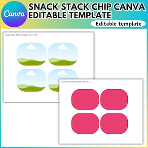 May include: A digital template for snack stack chip designs. The image features two mockups. One shows four rounded-corner rectangles with a sky and grass design. The other shows four pink rounded-corner rectangles. Text includes "SNACK STACK CHIP CANVA EDITABLE TEMPLATE".