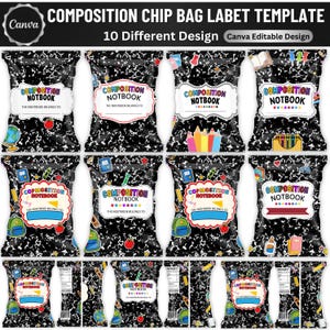 May include: A digital template set for composition chip bag labels featuring ten distinct designs. Each label displays a black and white marble pattern with school-themed graphics like globes, pencils, and crayons, plus text reading COMPOSITION NOTEBOOK and THE NOTEBOOK BELONGS TO.