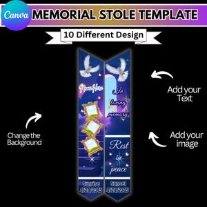 May include: A digital memorial stole template with a dark blue background, featuring doves, butterflies, and ornate frames. Text includes "Name Here", "In loving memory", and "Rest in peace". The template offers 10 designs and allows users to add text and images.