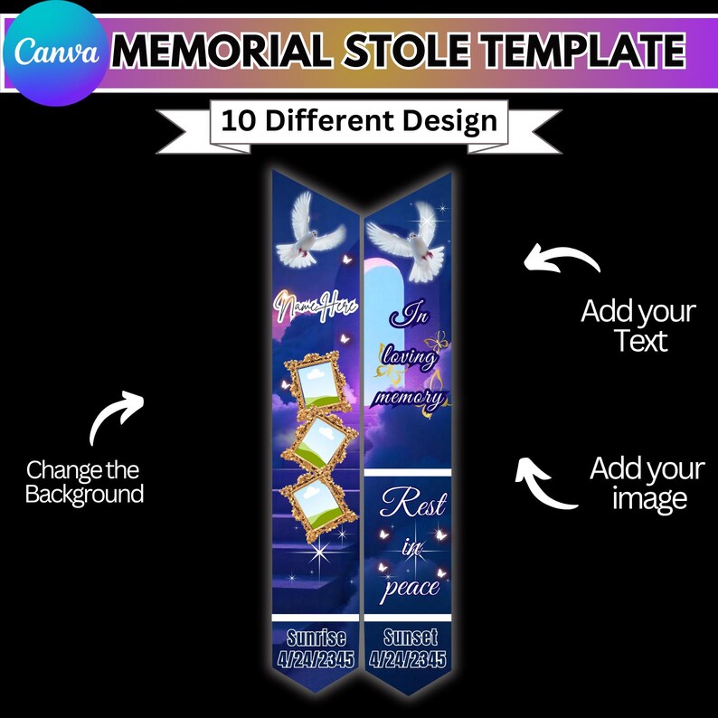 May include: A digital memorial stole template with a dark blue background, featuring doves, butterflies, and ornate frames. Text includes "Name Here", "In loving memory", and "Rest in peace". The template offers 10 designs and allows users to add text and images.