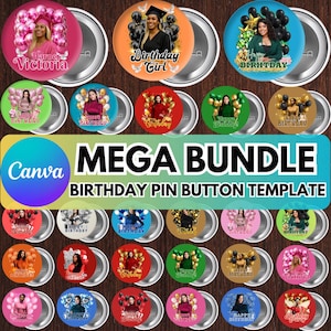 Birthday Pin Button Canva Mega Editable Templates Bundle, Birthday Party Pin Button Canva Designs, 90s Button Favors, Digital Download