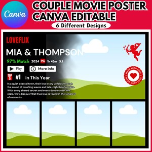 May include: A movie poster for a romantic comedy titled "Mia & Thompson" with a 97% match rating. The poster features a red heart with an arrow through it and the text "Made with Love". The poster is designed in a comic book style with a blue sky and green hills.