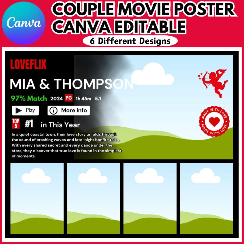 May include: A movie poster for a romantic comedy titled "Mia & Thompson" with a 97% match rating. The poster features a red heart with an arrow through it and the text "Made with Love". The poster is designed in a comic book style with a blue sky and green hills.
