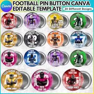 May include: A set of 20 football pin badges with diverse designs. Each badge displays a football player graphic, the text "2026 TIGHT END", and the name "Lebron James". The badges have a metallic silver border and are labeled "Your School Hear".